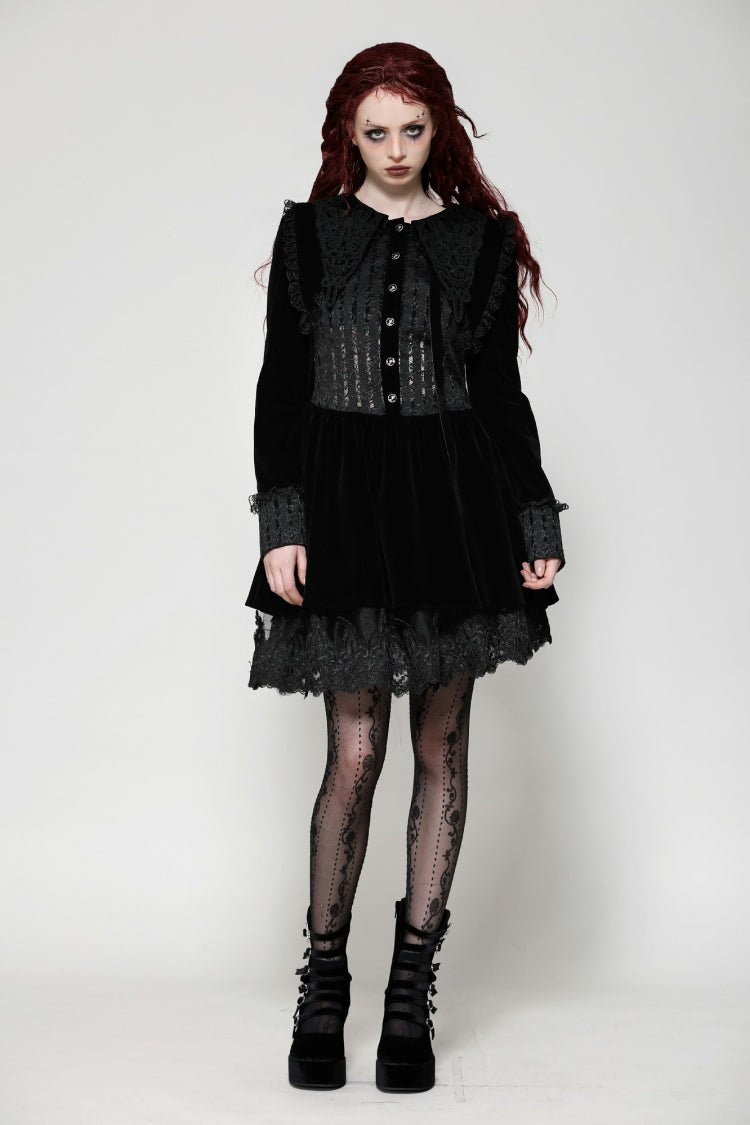Black Long Sleeves Lace Women's Gothic Velvet Short Dress - Black - 1