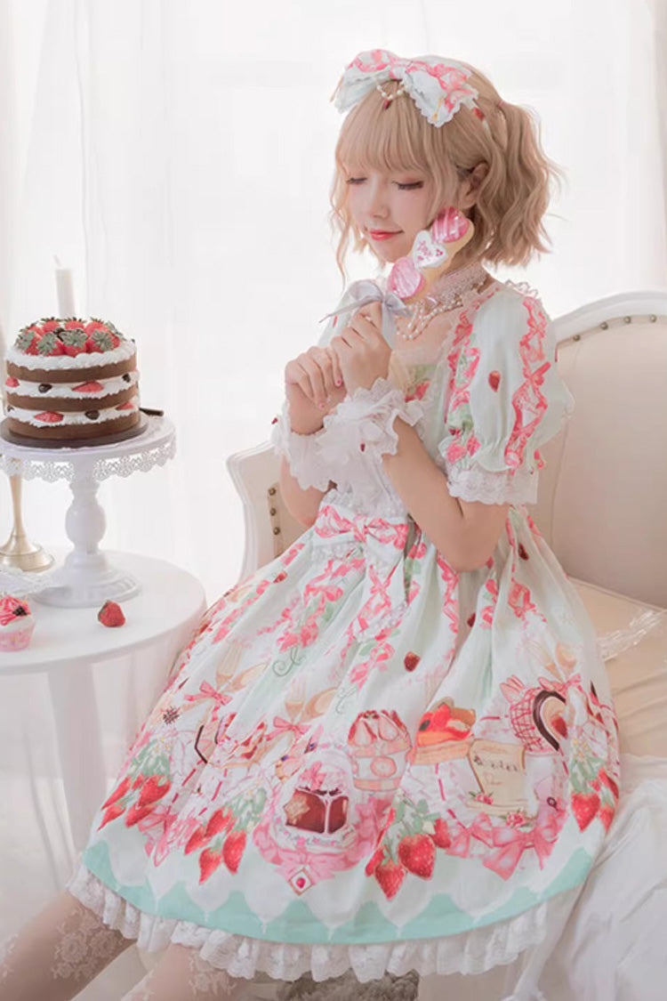 [Strawberry Feast] Short Sleeves Printed Ruffled Bow Sweet Lolita Dress 4 Colors - Product - 2