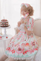 [Strawberry Feast] Short Sleeves Printed Ruffled Bow Sweet Lolita Dress 4 Colors - Product - 2