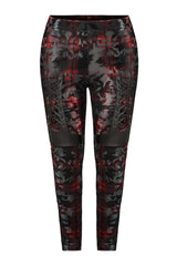 Red Plaid Plus Size Front Splice Imitation Leather Lace-Up Classic Printing Women's Punk Legging - Product - 5