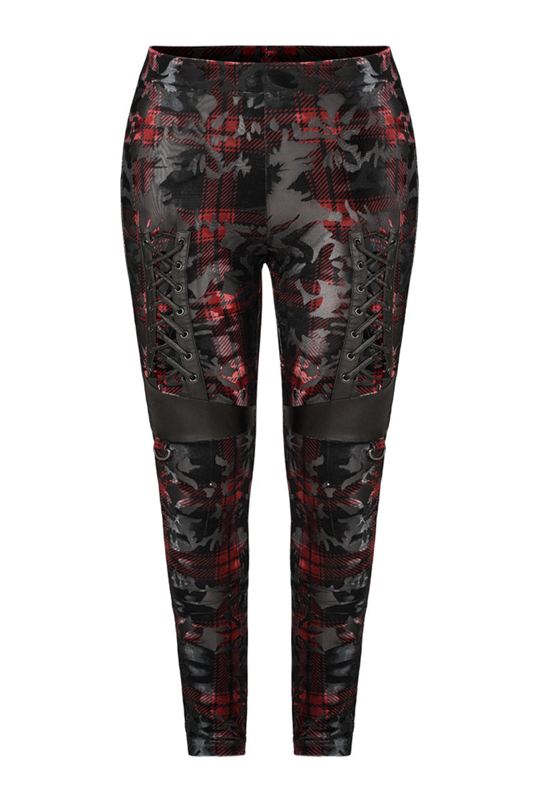 Red Plaid Plus Size Front Splice Imitation Leather Lace-Up Classic Printing Women's Punk Legging - Product - 5