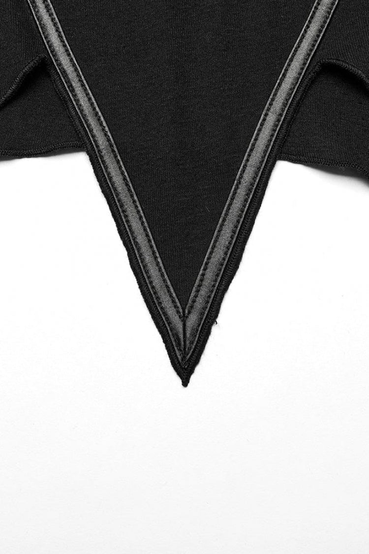 Black Long Sleeves Moon Print Leather Stitching Irregular Womens Steampunk T-Shirt - Product - 8