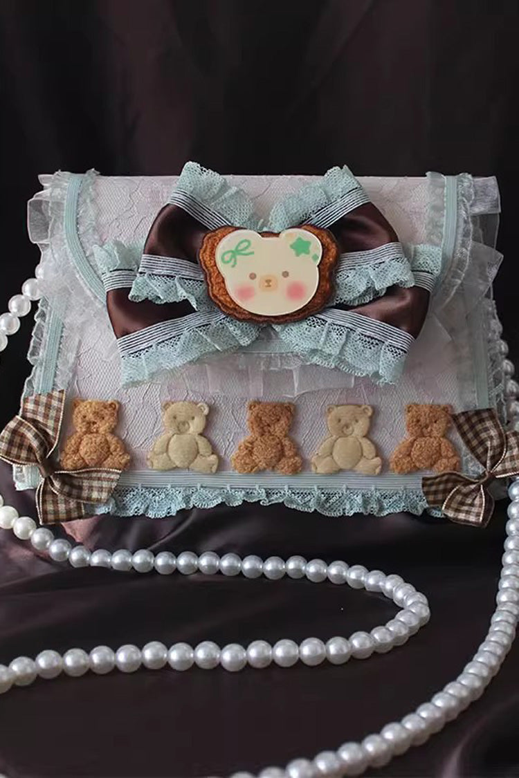 Mint Chocolate Little Bear Bowknot Lace Pearl Sweet Lolita Handbag - Product - 4