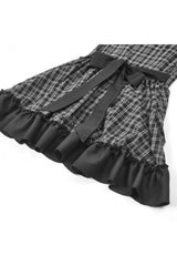 Black/White Plaid Stand Collar Short Puff Sleeves Ruffled  Lace Lace-Up Women's Lolita Gothic Dress - Product - 20