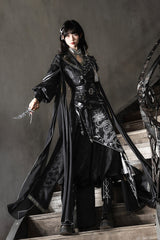 Black [Shadow Dragon Diving Into the Abyss] Long Sleeves Jacquard Embroidered Gothic Chinese Inspired Hanfu Ouji Lolita Set - Product - 13