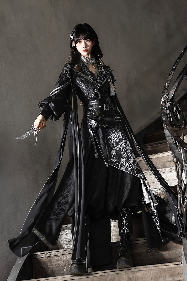 Black [Shadow Dragon Diving Into the Abyss] Long Sleeves Jacquard Embroidered Gothic Chinese Inspired Hanfu Ouji Lolita Set - Product - 13