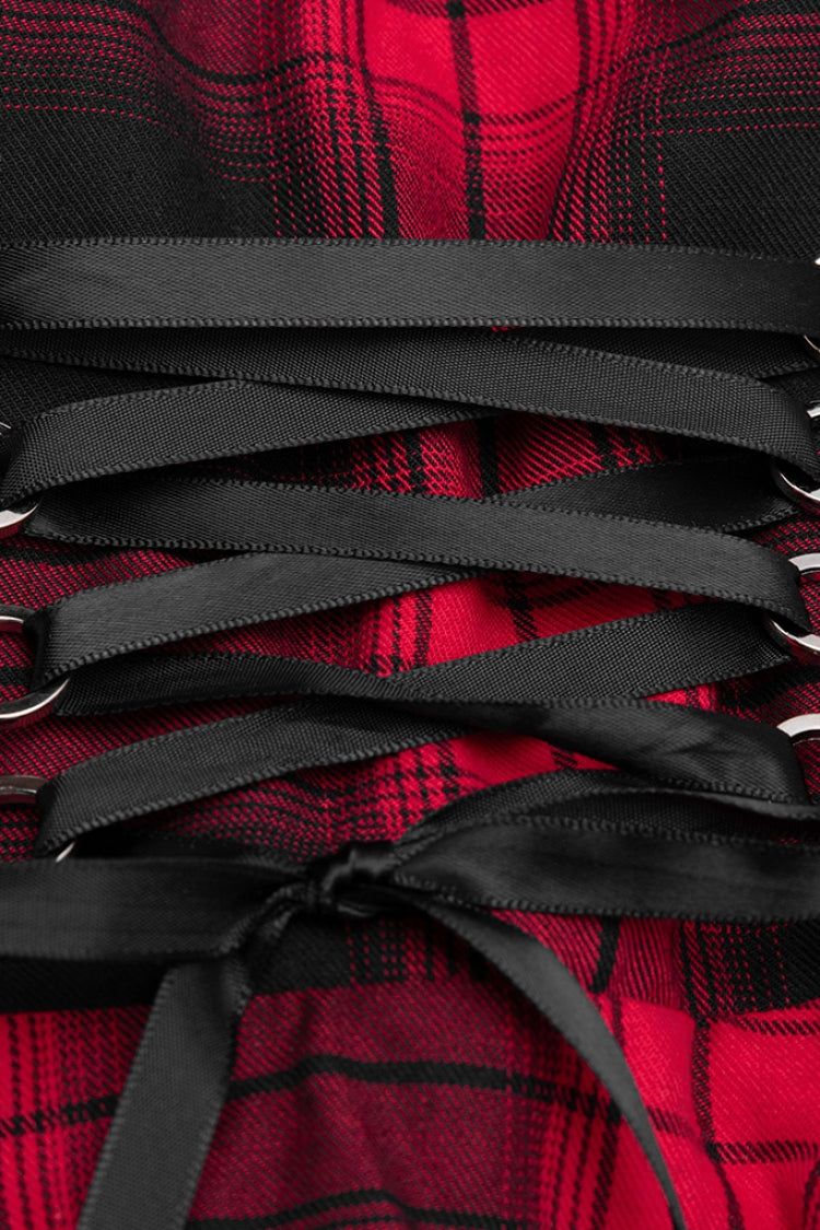Black/Red Plaid Print Ruffle Lace Women's Punk Dress - Product - 5