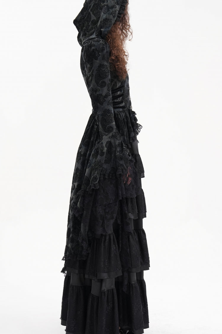 Black Long Trumpet Sleeves Multi-Layered Embroidery Lace Hooded Ripped Women's Gothic Jacket - Product - 7