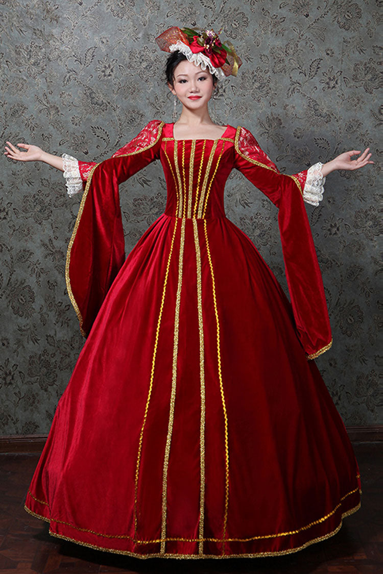 Red Hollow Embroidery Floral Print Half Sleeves High Waisted Victorian Lolita Prom Dress - Product - 2
