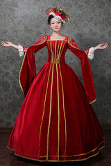 Red Hollow Embroidery Floral Print Half Sleeves High Waisted Victorian Lolita Prom Dress - Product - 2