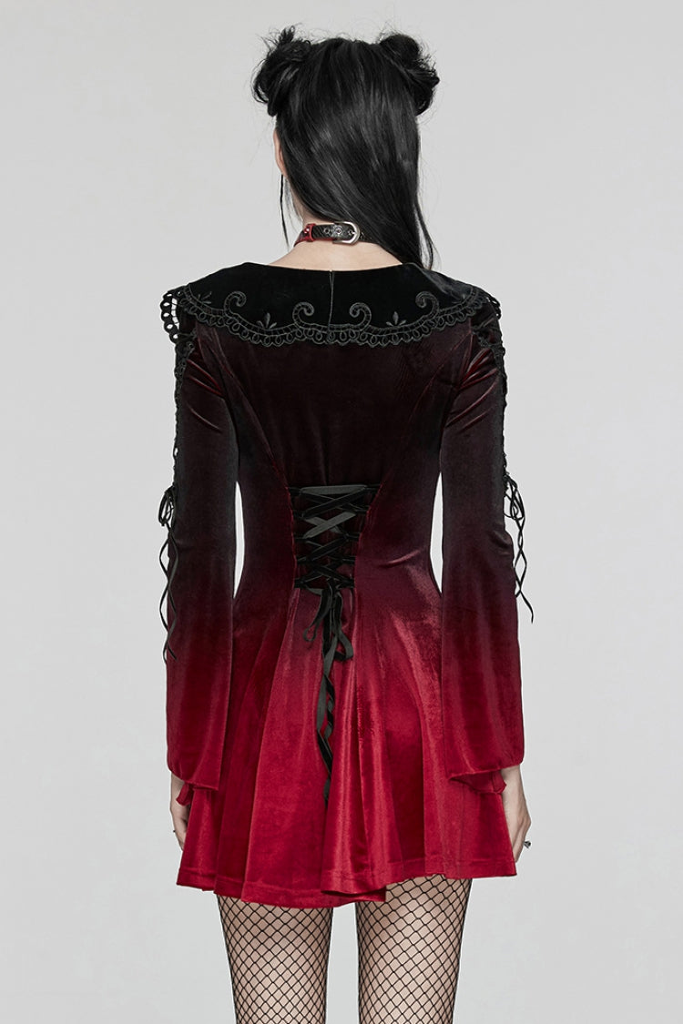 Black/Red Doll Collar Long Sleeves Gradient Embroidery Women's Gothic Prom Dress - Product - 3