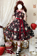 [Bear's Strawberry Garden] Lapel Collar Short Sleeves Print Bowknot Sweet Lolita Dress 4 Colors - Black - 5