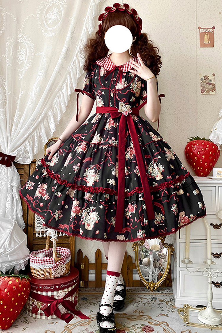 [Bear's Strawberry Garden] Lapel Collar Short Sleeves Print Bowknot Sweet Lolita Dress 4 Colors - Black - 5