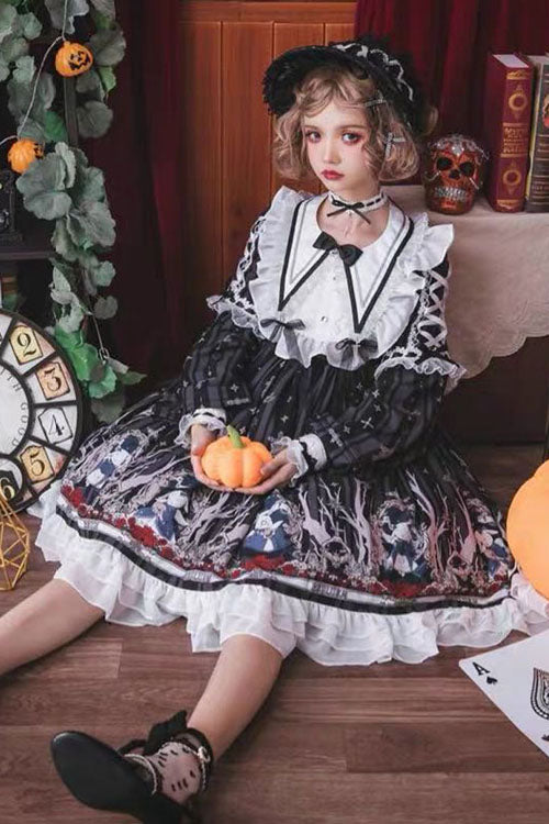 Black Rabbit'S Requiem Round Collar Long Sleeves College Style Gothic Lolita OP Dress - Product - 5
