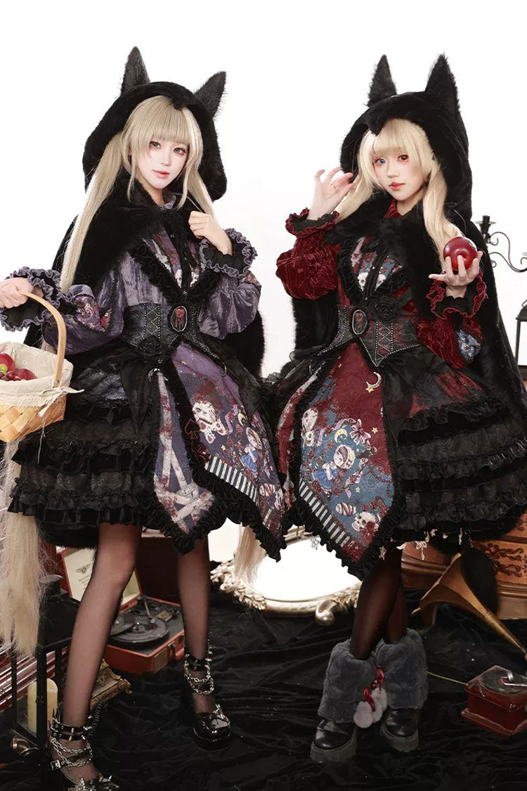 [Werewolf] Fairy Tale Lapel Collar Long Sleeves Printed Ruffled Open-Front Lace Heavy-Detailed Gothic Lolita Skirt Set (Red, Grey, Purple) - Product - 2