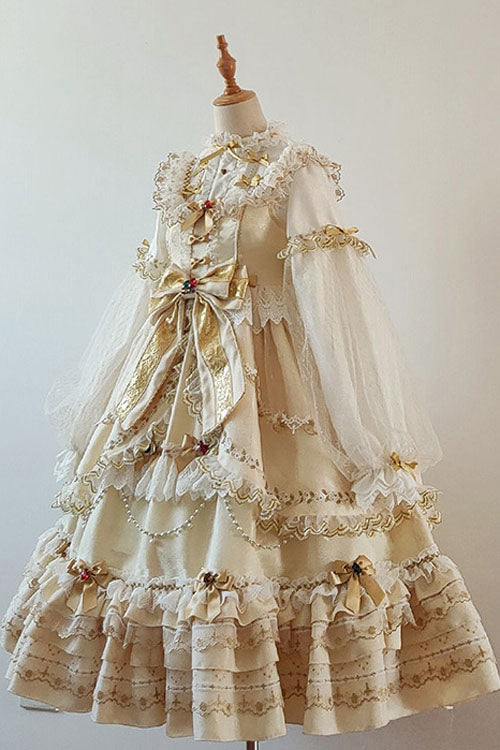 Gold Hanayome Bowknot Princess Multi-Layer Ruffled Sweet Lolita JSK Dress - Product - 3