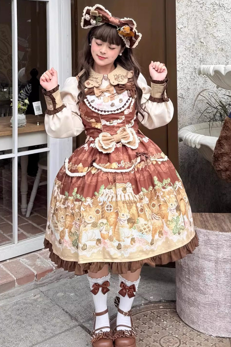 Brown [Squirrel Chocolate Shop] Sleeveless Printed Ruffled Bow Sweet Lolita JSK Dress with Blouse - Product - 4