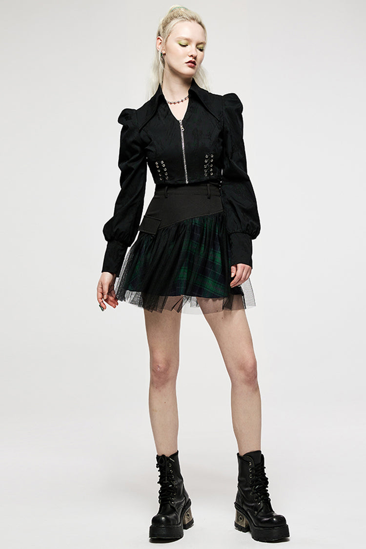 Green Cotton Splicing Mesh Plaid Personalized Pocket Decoration Waist Punk Women's Short Skirt - Product - 4