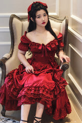 Red Short Puff Sleeves Multi-Layered Ruffle Bowknot Classic Vintage Lolita Dress - Product - 3