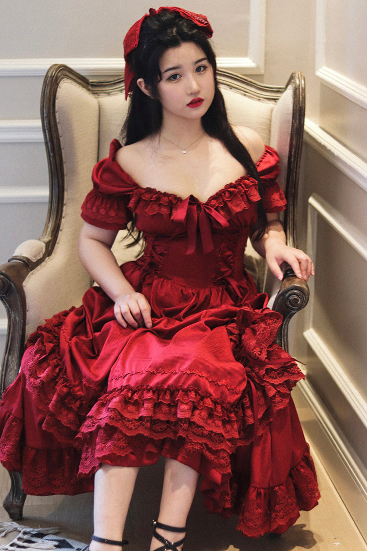 Red Short Puff Sleeves Multi-Layered Ruffle Bowknot Classic Vintage Lolita Dress - Product - 3