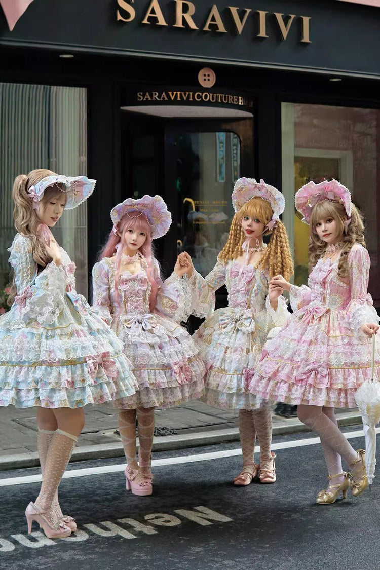 Apricot [Candlelight Elegance] Long Trumpet Sleeves Multi-Layered Ruffle Bowknot Lace Sweet Elegant Lolita Dress - Product - 10
