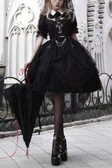 Black Rose Embroidered Cutout Top Irregular Short Sleeves Gothic Lolita Dress Set - Black - 1