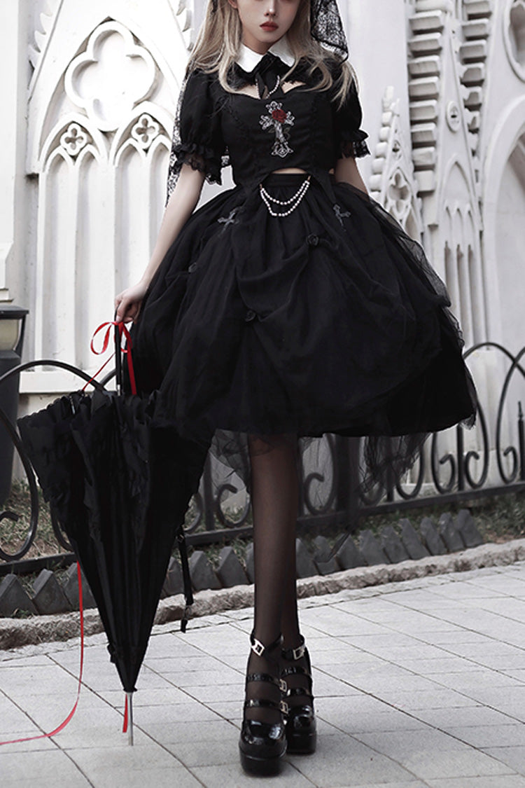 Black Rose Embroidered Cutout Top Irregular Short Sleeves Gothic Lolita Dress Set - Black - 1