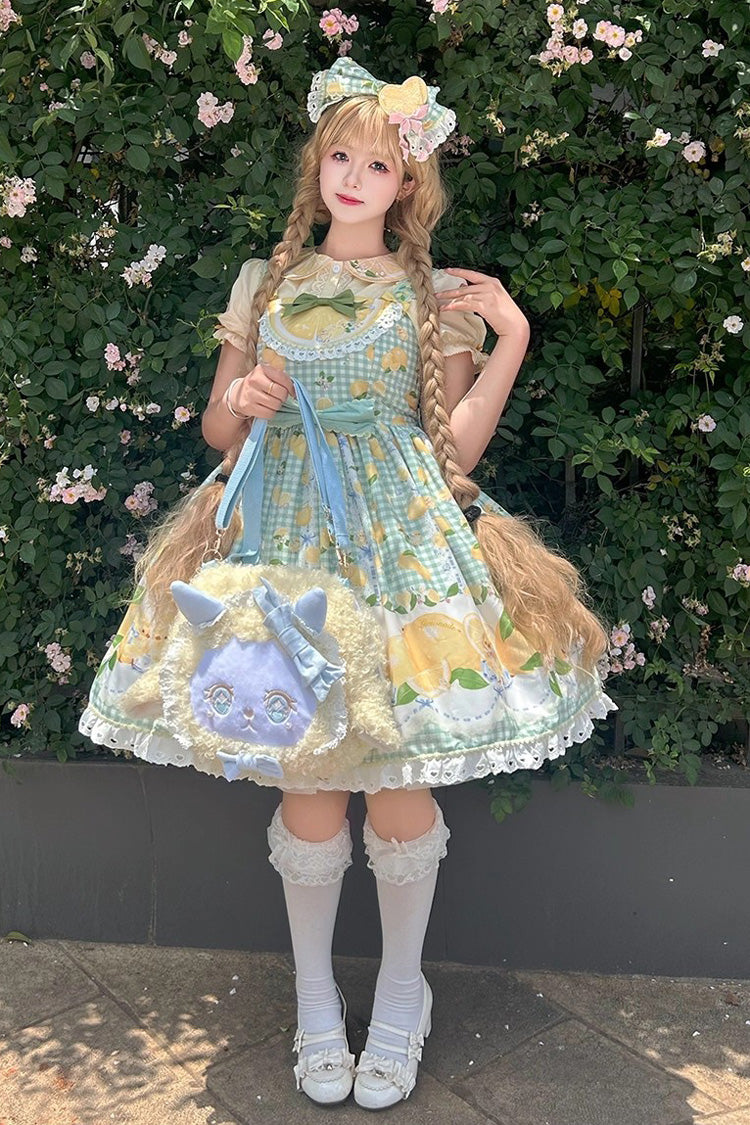 Green [Lemon Chicken] Print Ruffle Bowknot Lace Sweet Lolita Jsk Dress - Green - 1