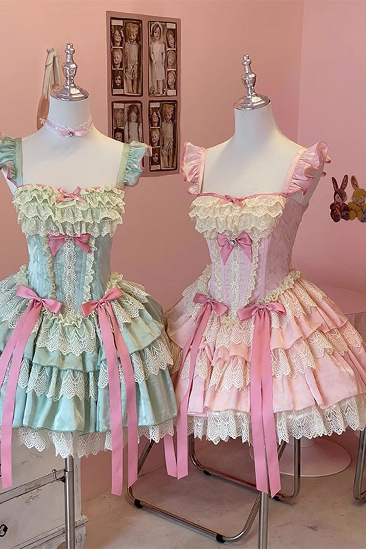 Pink [Strawberry Candy] Multi-Layered Ruffle Bowknot Lace Sweet Ballet Lolita Dress - Product - 9