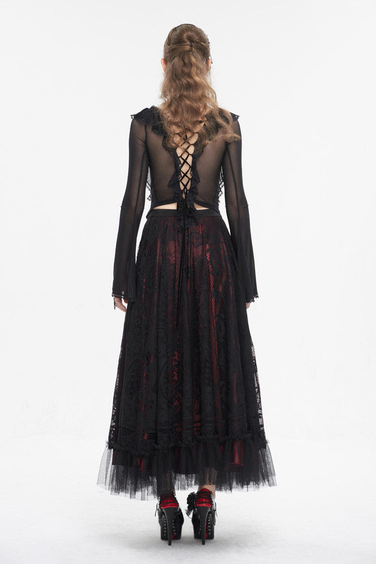 Black Lace Up Ruffled Trumpet Sleeves Mesh Women's Gothic Shirt - Product - 7