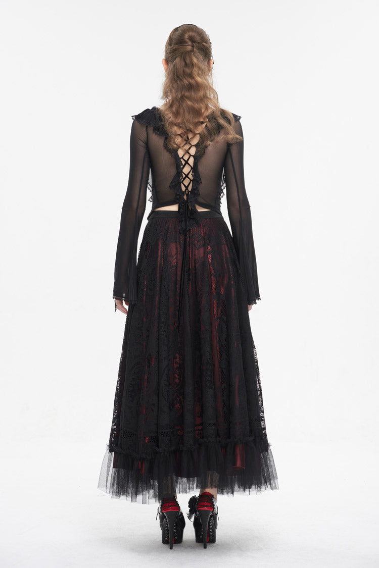 Black Lace Up Ruffled Trumpet Sleeves Mesh Women's Gothic Shirt - Product - 7