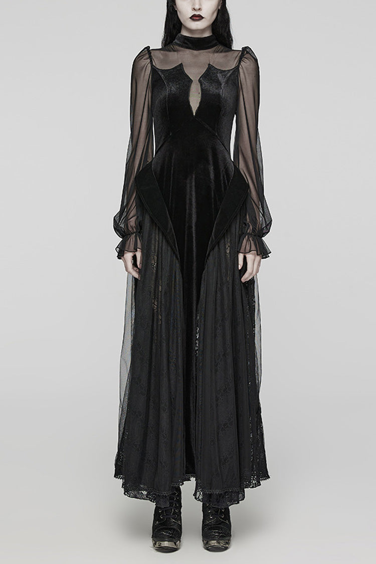 Black Long Sleeves Ruffle Lace Lace-Up Mesh Women's Gothic Dress - Black - 1