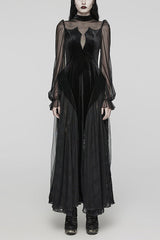 Black Long Sleeves Ruffle Lace Lace-Up Mesh Women's Gothic Dress - Black - 1