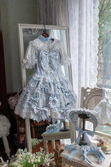 Blue [Small Cakes] Sleeveless Multi-Layered Ruffle Bowknot Lace Sweet Lolita Jsk Dress - Product - 2