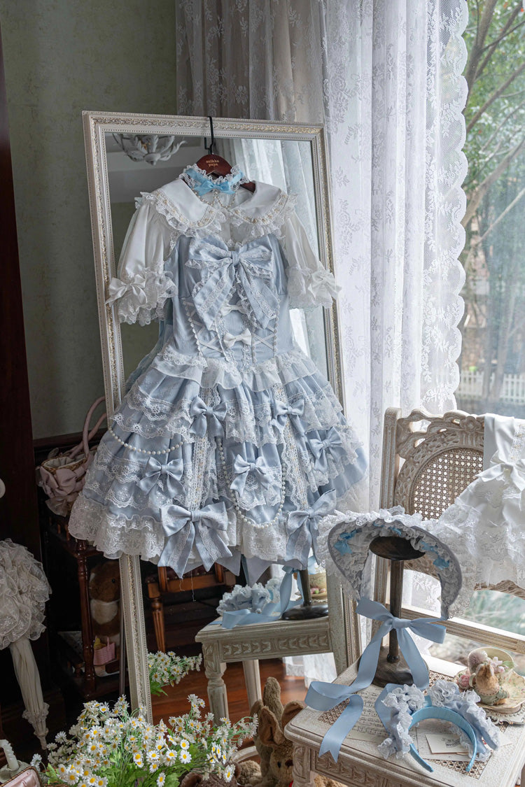 Blue [Small Cakes] Sleeveless Multi-Layered Ruffle Bowknot Lace Sweet Lolita Jsk Dress - Product - 2