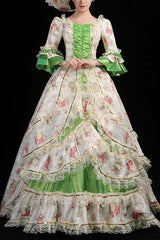 Floral Print Half Sleeves Stitching Ruffled Multi-Layer Victorian Lolita Prom Dress - Green - 7
