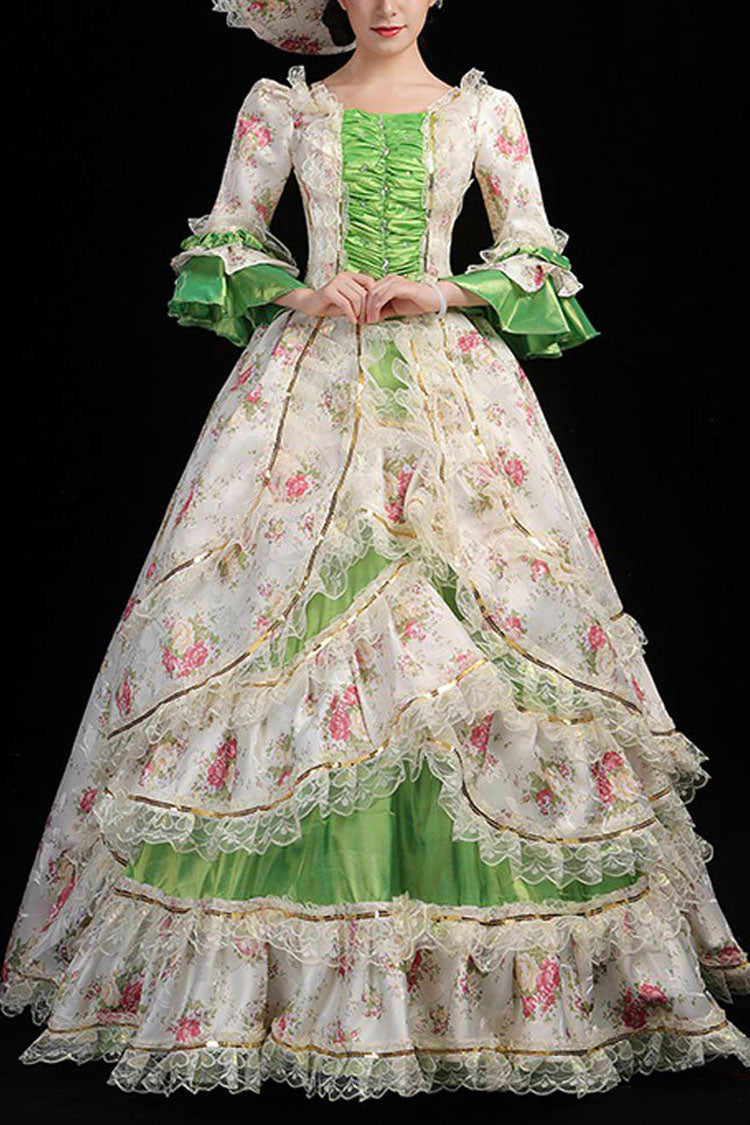Floral Print Half Sleeves Stitching Ruffled Multi-Layer Victorian Lolita Prom Dress - Green - 7