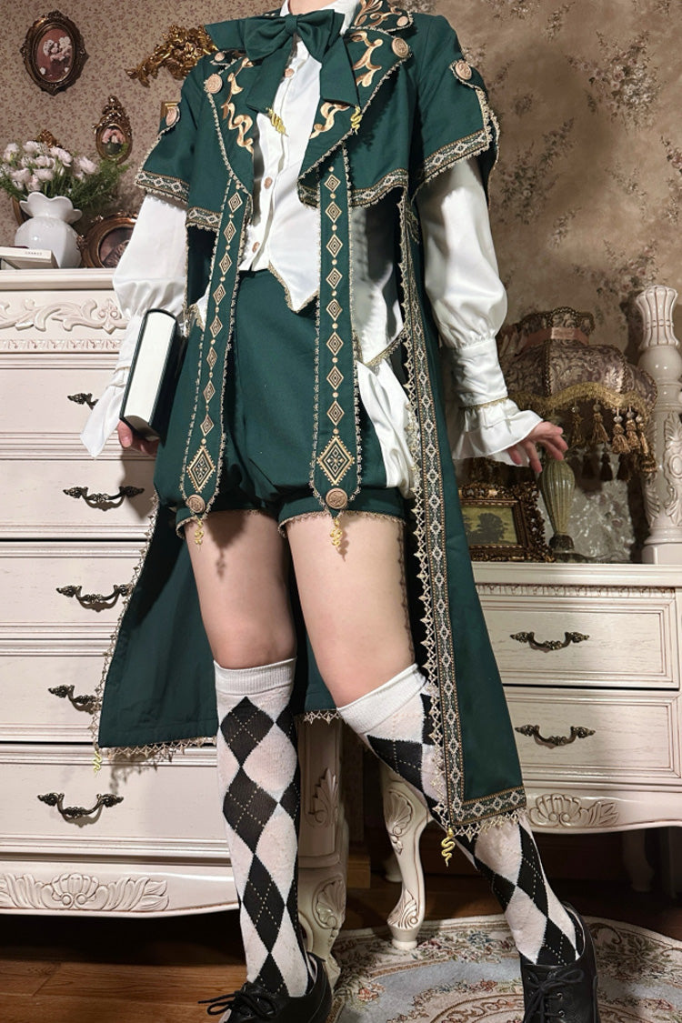 Green [Theocratic Messenger] Embroidery Classic Military Gorgeous Handsome Ouji Lolita Coat Blouse Shorts Set - Product - 12