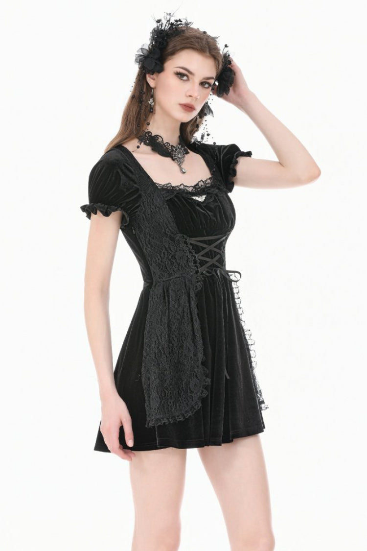 Black Square-Cut Collar Short Puff Sleeves Lace Patchwork Velvet Lace-Up Women's Gothic Vintage Dress - Product - 7