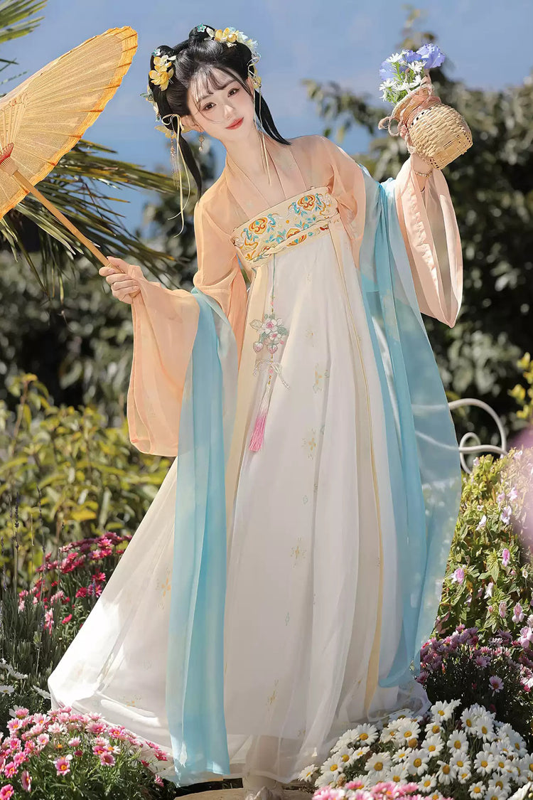 Orange/Apricot [Spring Fills the Garden] High Waisted Printed Embroidered Women's Sweet Chinese Style Hanfu Dress Set - Orange/Apricot - 1