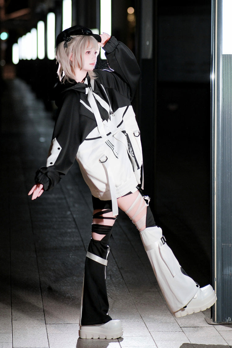 Black/White [Zero-Type Transformation] Techwear Long Sleeves Embroidered Hooded Punk Jirai Kei Shorts Coat Set - Product - 7