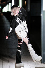 Black/White [Zero-Type Transformation] Techwear Long Sleeves Embroidered Hooded Punk Jirai Kei Shorts Coat Set - Product - 7