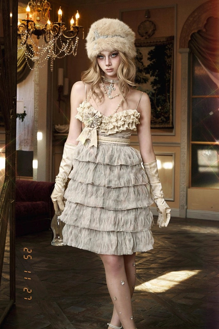 Beige [Slavic Noble Lady] Sleeveless Multi-Layered Ruffled Bow Sweet Elegant Lolita Jsk Dress - Product - 3