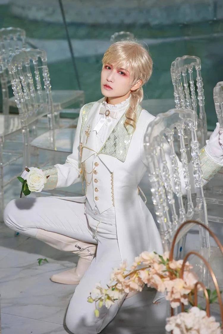 White [Eternal Rose Knight] Stand Collar Long Sleeves Ruffle Vintage Elegant Prince Handsome Lolita Blouse - Product - 4