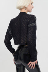 Black Wool Dropped Shoulders Perforated Sleeves Strap Connection Neck Zipper Loose Long Sleeve Women's Punk Sweater - Product - 4