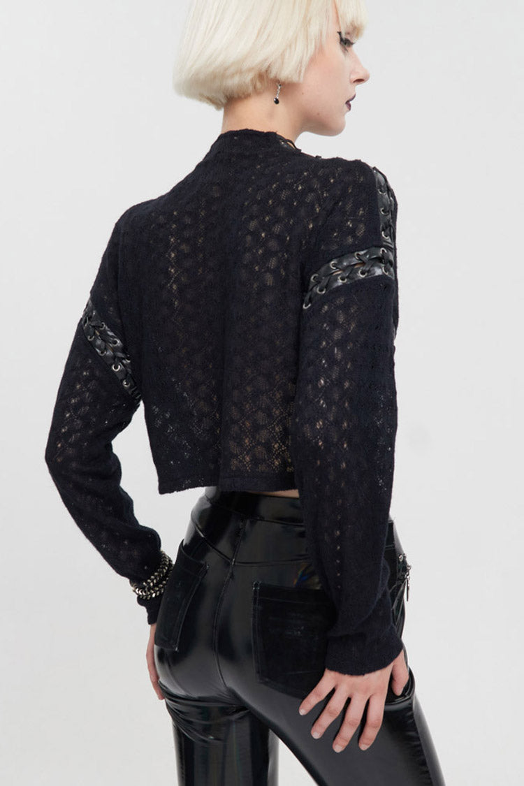 Black Wool Dropped Shoulders Perforated Sleeves Strap Connection Neck Zipper Loose Long Sleeve Women's Punk Sweater - Product - 4