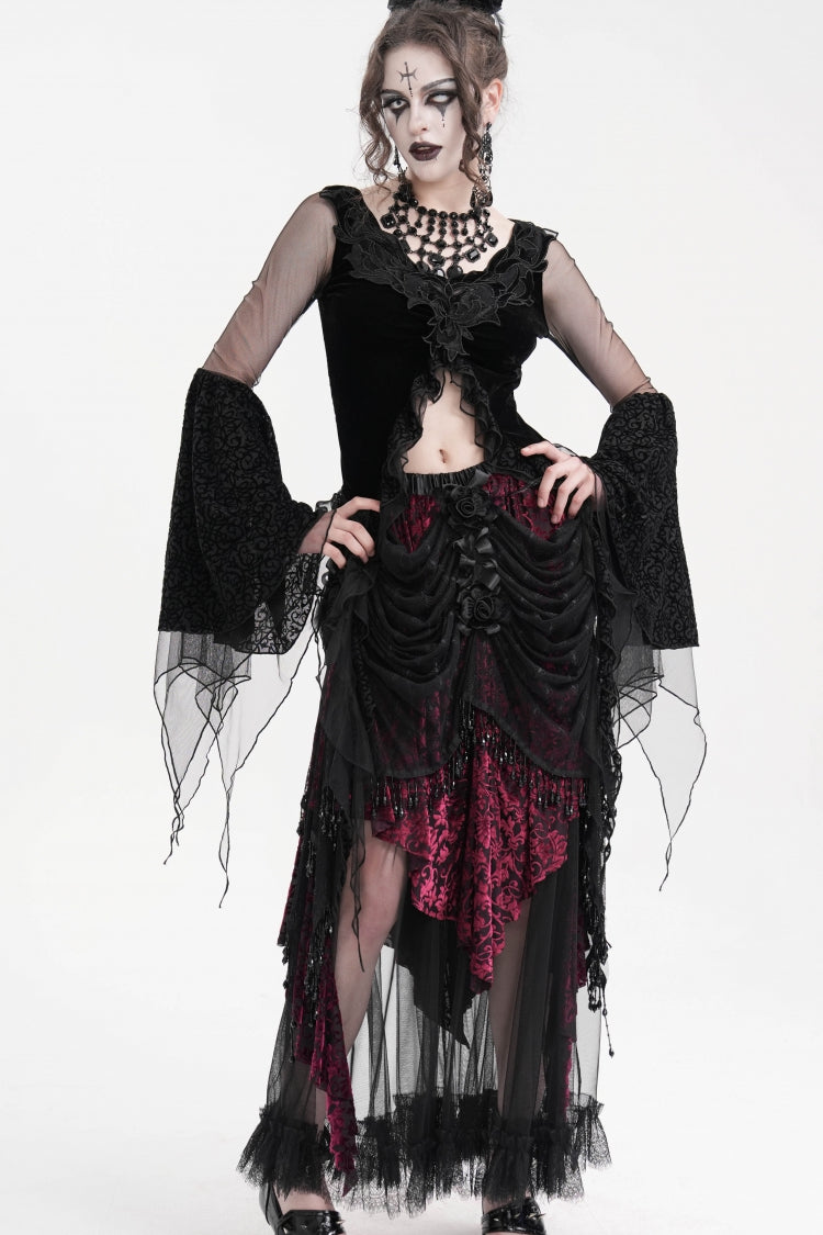 Black Long Sleeves Embroidery Mesh Ripped Women's Gothic Crop Top - Black - 1