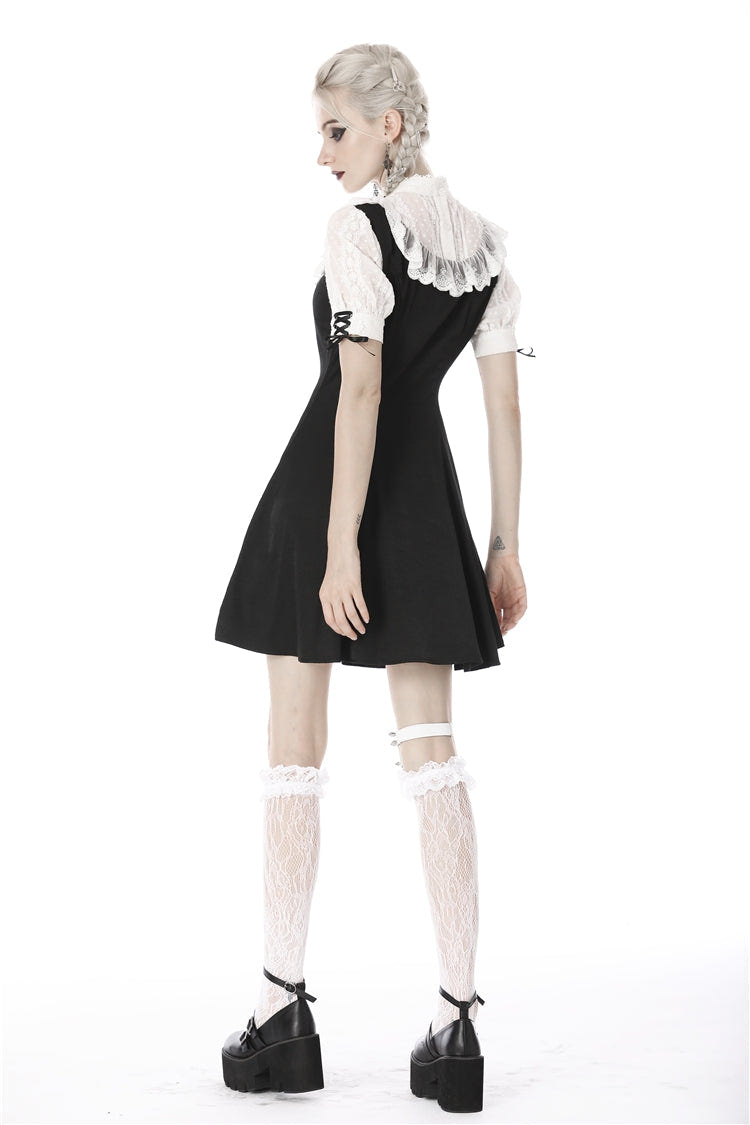 Black/White Stand Collar Short Sleeves Ruffled Women's Sweet Gothic Lolita Doll Midi Dress - Product - 4
