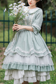 Green Doll Collar Lantern Half Sleeves Lace Ruffled Sweet Op Tiered Dress (Apron is included) (Dress Only) front view