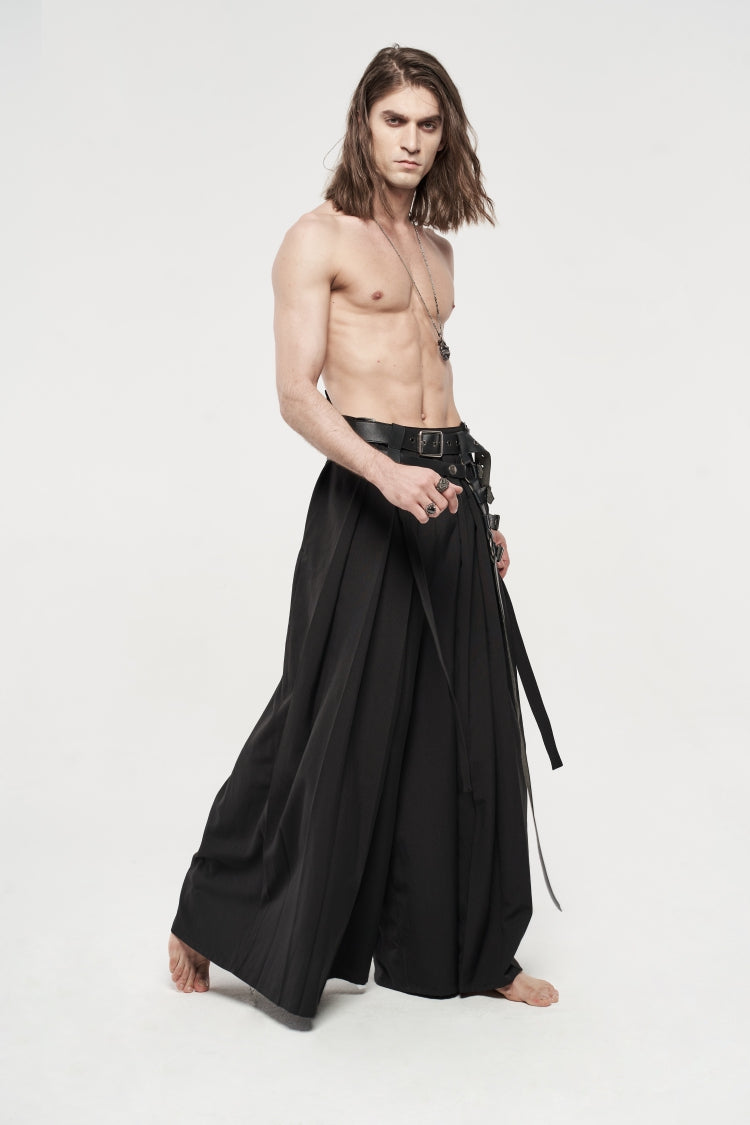 Black Asymmetric Buckled Men's  Japanese Punk Warrior Pantskirts With Harness - Product - 7